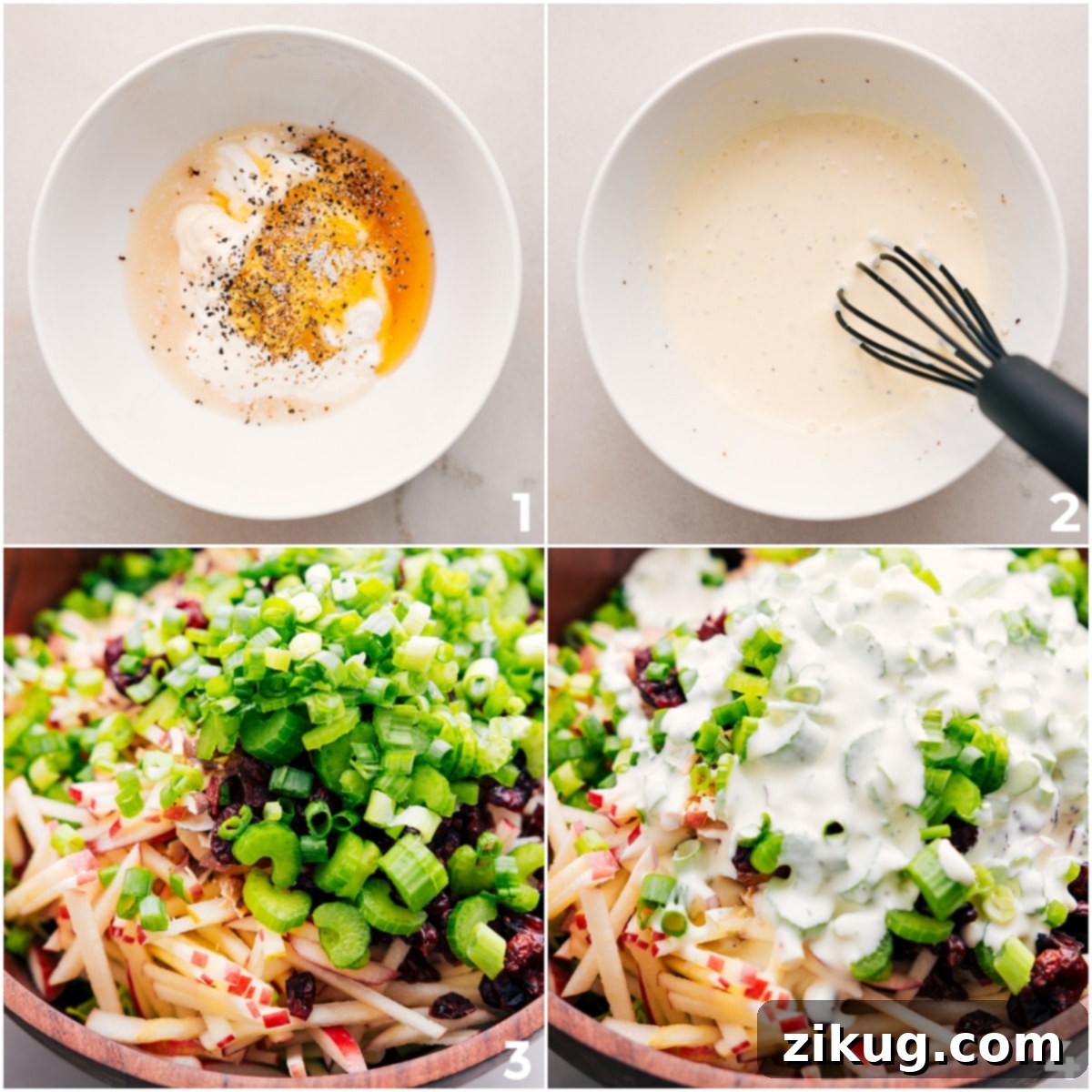 The delicious apple coleslaw dressing being poured over the freshly assembled salad ingredients, ready for a thorough toss to coat everything evenly.