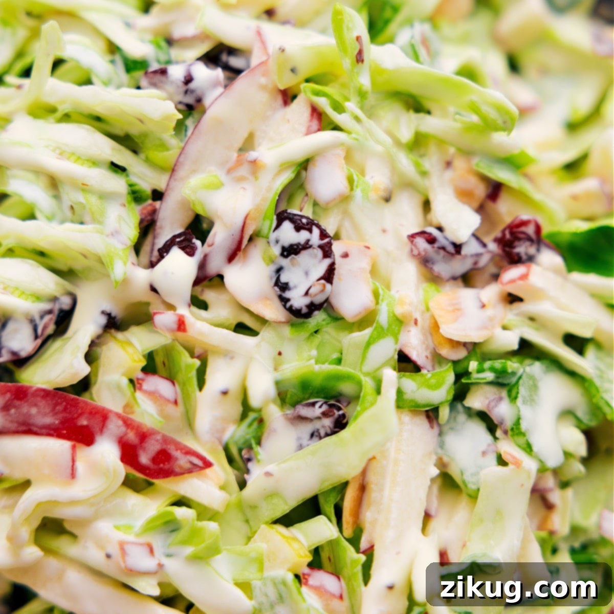 A large bowl of Apple Coleslaw, perfectly tossed and dressed, with visible crisp cabbage, apple matchsticks, cranberries, and almonds, ready to be served.