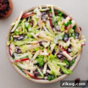 A close-up shot of the finished Apple Coleslaw, highlighting its fresh ingredients and creamy texture.