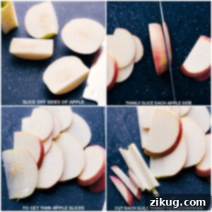 Detailed step-by-step image demonstrating how to properly cut apples into thin matchsticks for the Apple Coleslaw recipe.