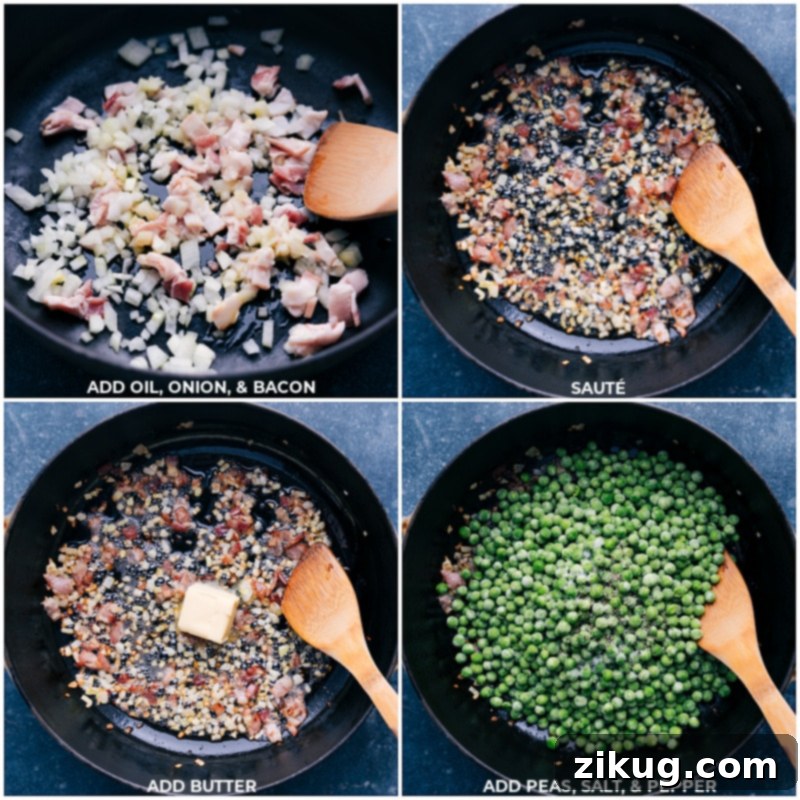 Step-by-step preparation of Creamed Peas: Cooking bacon and onions, then adding frozen peas and butter for a savory foundation. Process shots showing ingredients like olive oil, onion, bacon, butter, peas, salt, and pepper being added to a pan