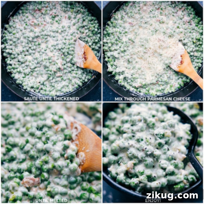 The final steps: Achieving the perfect creamy texture and folding in rich Parmesan cheese for irresistible Creamed Peas. Process shots of Creamed Peas: Thickening the sauce and adding Parmesan cheese