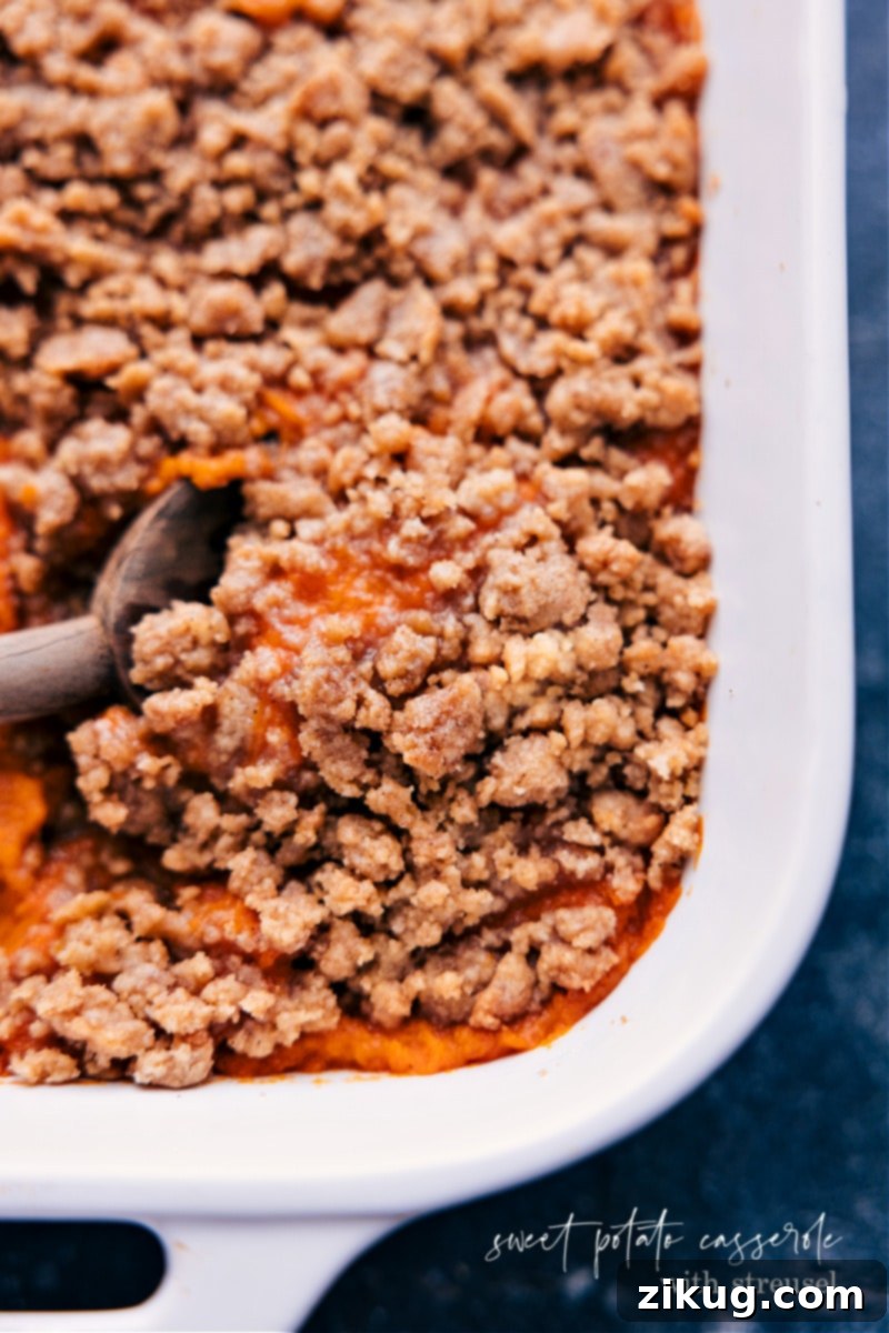 Overhead image of the Sweet Potato Casserole, perfectly baked with a golden streusel topping and ready to serve.