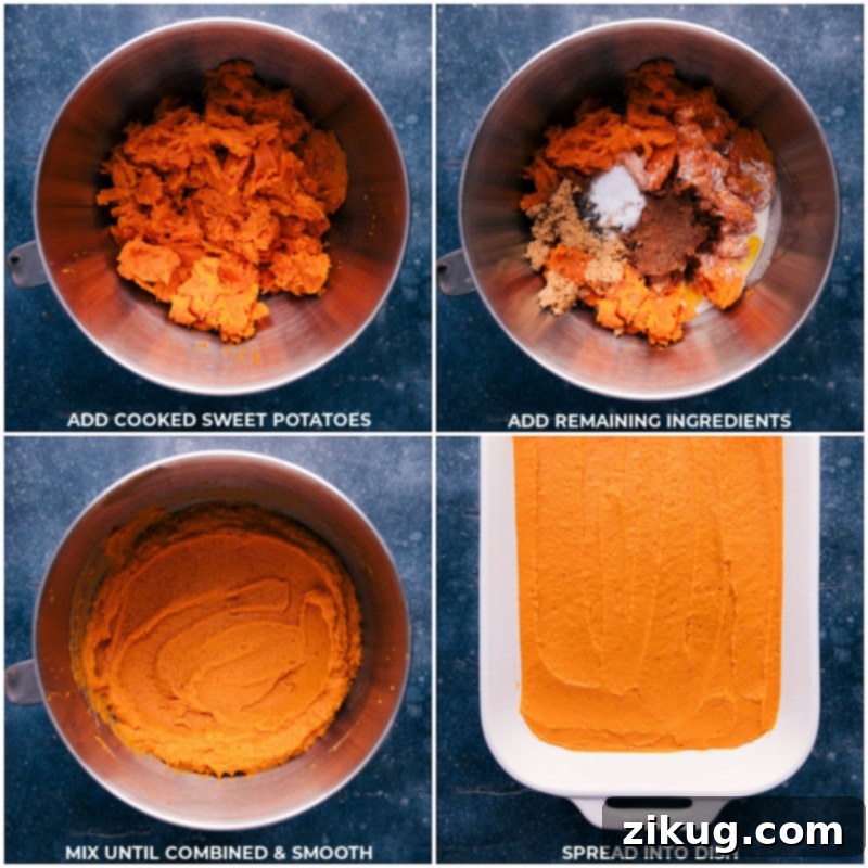 Process shots showing raw sweet potatoes and other casserole ingredients being added to a stand mixer for mixing.