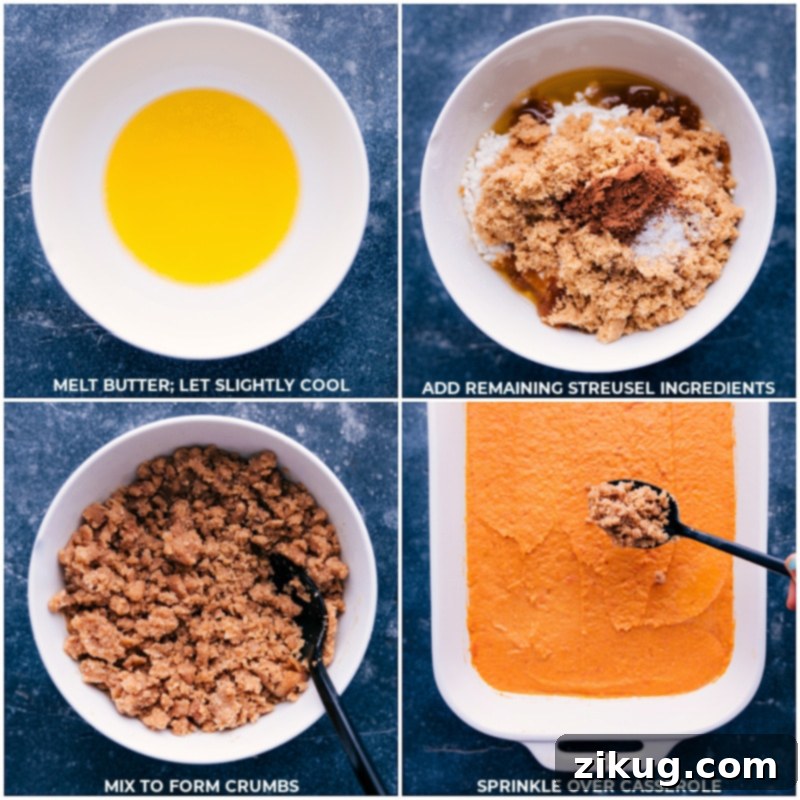 Process shots of melted butter and other streusel ingredients being sprinkled over the sweet potato casserole base.