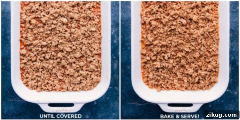Image of the sweet potato casserole baking in the oven, showing the topping starting to brown.