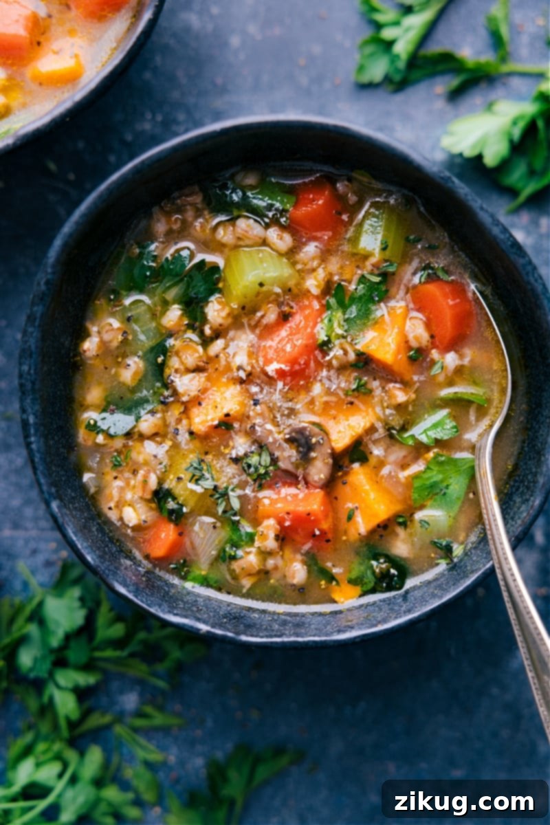 A steaming bowl of hearty Farro Soup, garnished with fresh herbs, ready to be enjoyed.