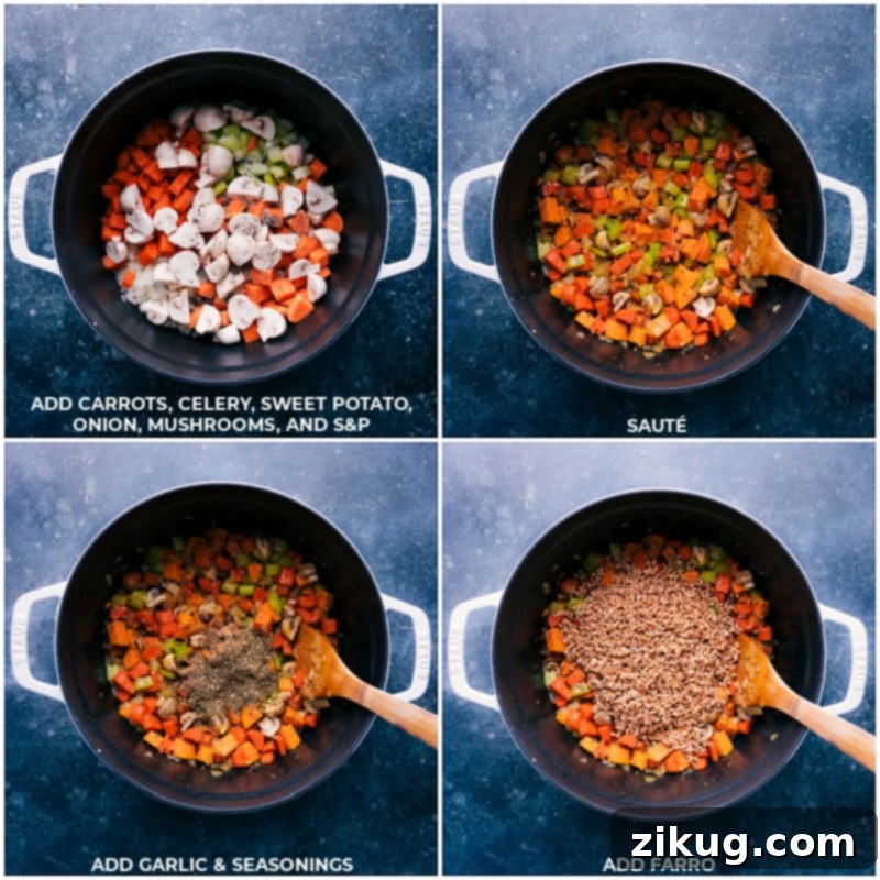 Process of making Farro Soup: Sautéing various vegetables, then adding garlic, seasonings, and rinsed farro to the pot.