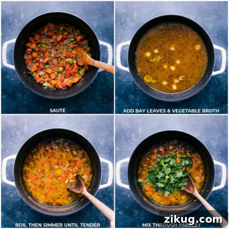 Adding bay leaves, vegetable broth, and fresh parsley to the Farro Soup, highlighting its vegetarian and wholesome nature.