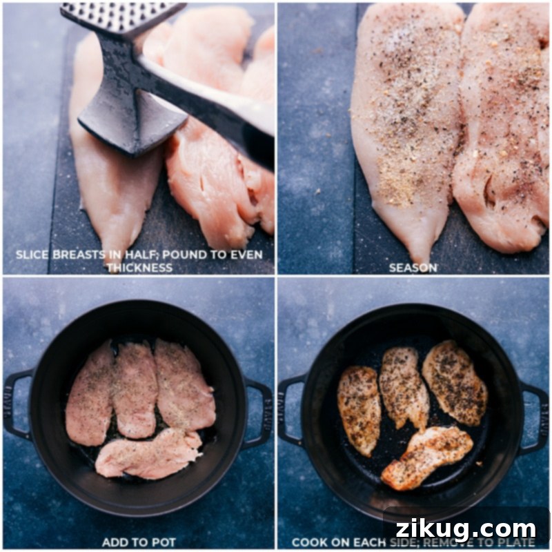 Crafting One-Pot Creamy Chicken Soup: Detailed process images of chicken preparation and cooking, emphasizing flavor development. Process shots showing chicken breast being prepared, seasoned, and seared in a pot, creating flavorful browned bits at the bottom.