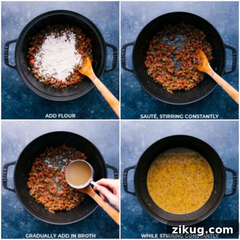 Delicious One-Pot Creamy Chicken Soup: Step-by-step images showing the creation of the rich and hearty soup base with broth and flour. Process shots illustrating the addition of flour, then chicken broth, to the sautéed vegetables in the pot, forming the soup's creamy base.