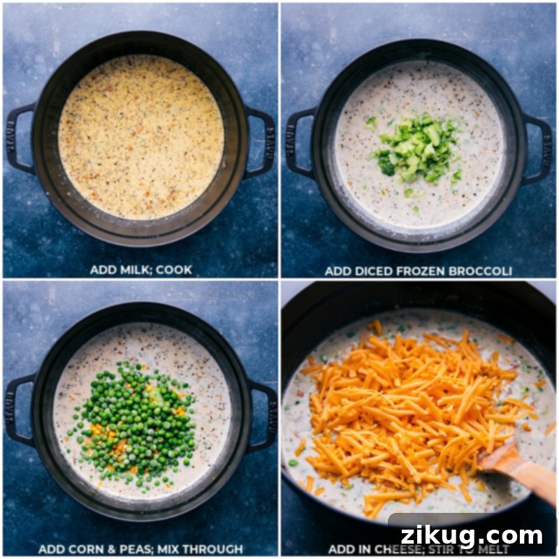 Creamy Chicken Soup in Progress: Images highlighting the final additions of vegetables and sharp Cheddar cheese for a rich and comforting texture. Process shots of Creamy Chicken Soup showing frozen broccoli, corn, peas, and freshly grated cheese being gently stirred into the pot.