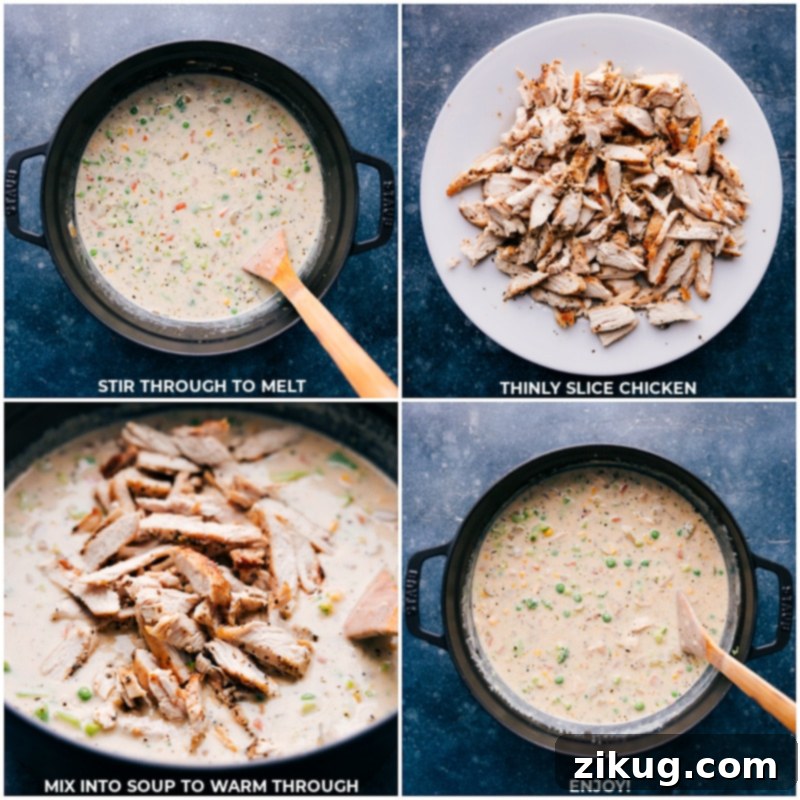 The Best Creamy Chicken Soup: Images of tender chicken being returned to the pot, ready to be served with crusty bread for a truly comforting meal. Process shots depicting the cooked, sliced chicken being returned to the finished creamy soup, ready for serving.