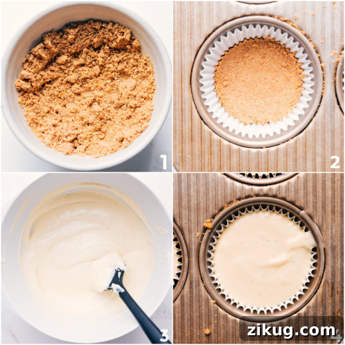 How To Make Mini Blueberry Cheesecakes A step-by-step visual guide demonstrating the process of making mini blueberry cheesecakes: first, graham cracker crumbs are mixed and pressed into muffin tins, followed by the rich and creamy lemon cheesecake filling being prepared and then spooned on top of the crusts.