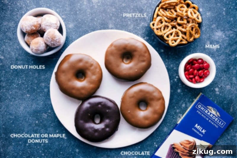 Ingredient shot showing all the simple components needed to assemble Christmas Donuts.