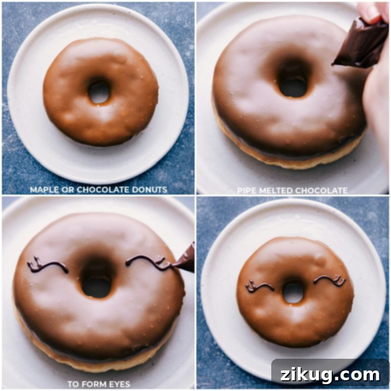 Process shots of Christmas Donuts, showing chocolate eyes being piped onto each donut, step-by-step.