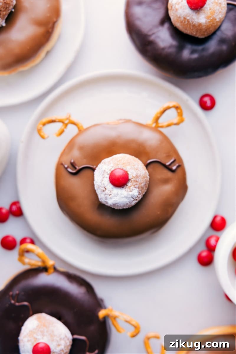 Up-close overhead image of the completed Christmas Donuts, highlighting their charming reindeer features.
