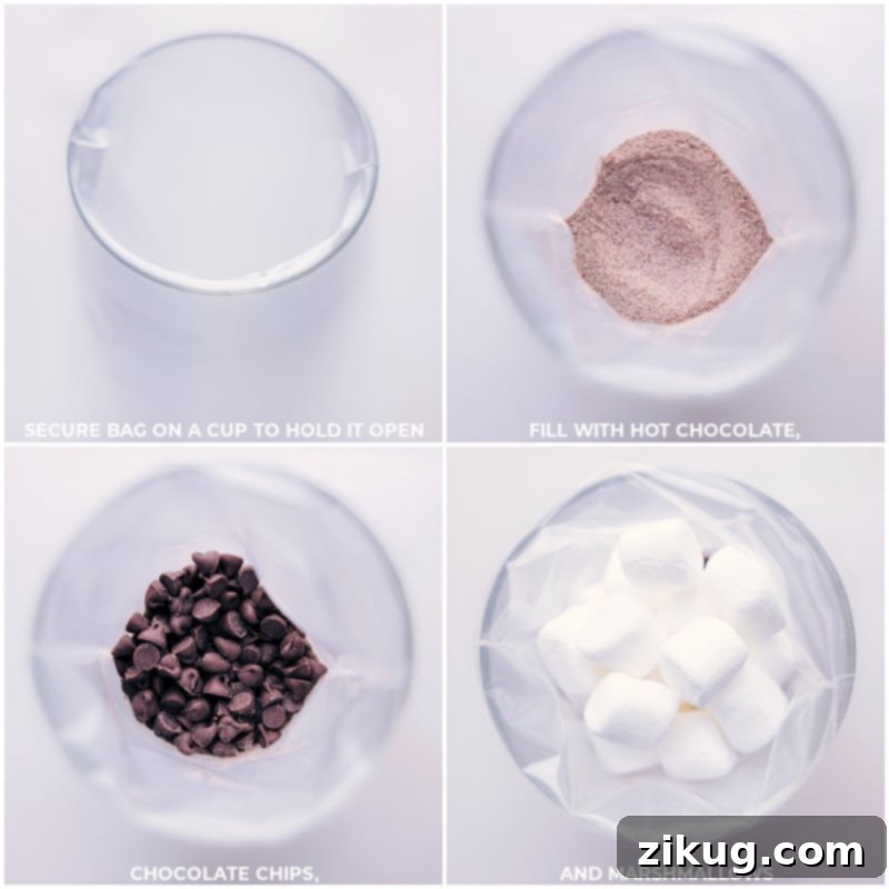 Process shots of Reindeer Hot Chocolate-- images of the ingredients being layered into the bags!
