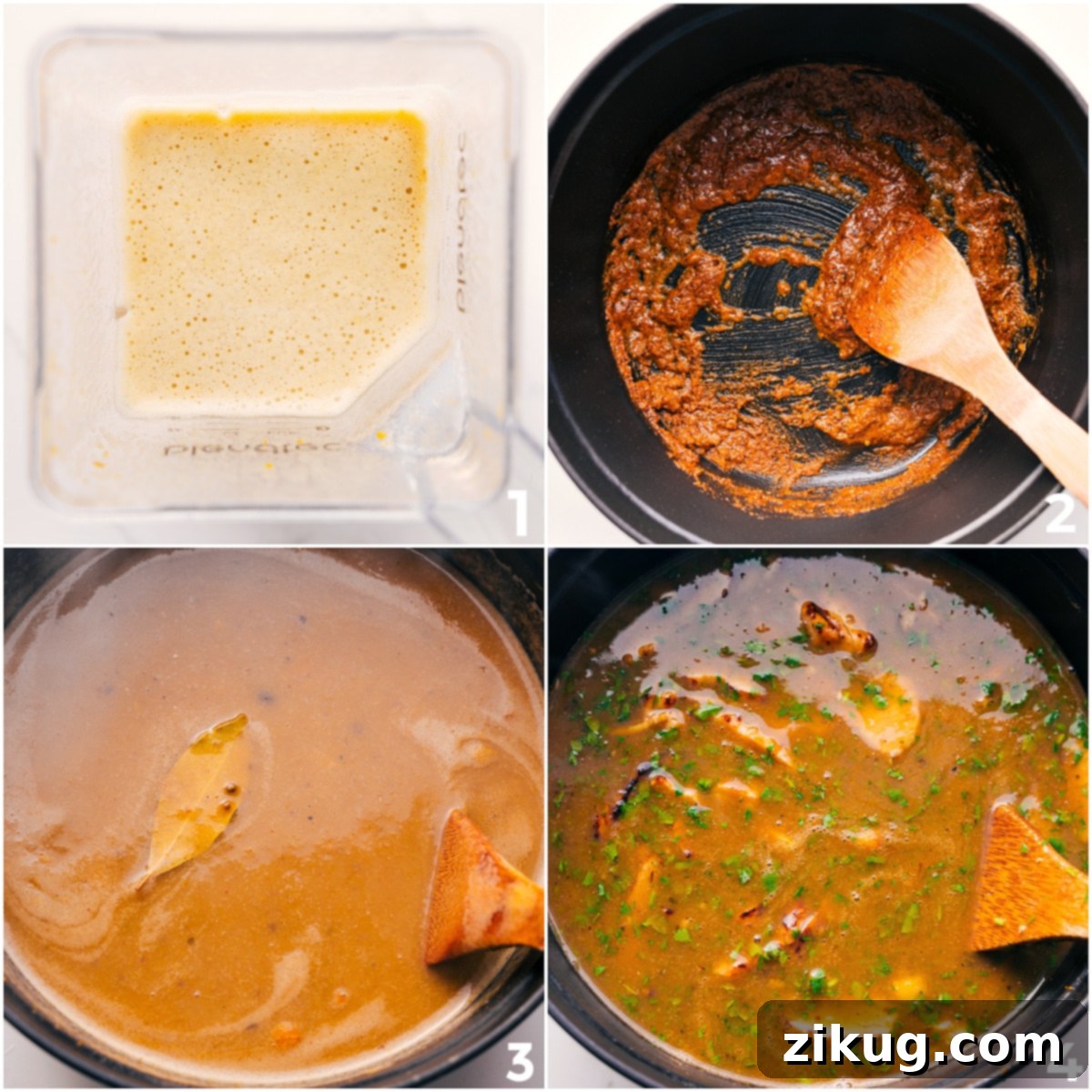 Rotisserie Chicken Shortcut for Quick Pozole Close-up of the pozole cooking process, showing green chiles blended with chicken stock, spices sautéing, and hominy being added to the pot with shredded chicken.