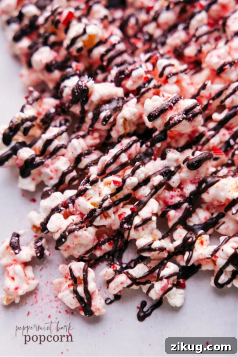 Peppermint Popcorn is a treat you won't want to miss this holiday season! Toss popcorn in white chocolate and crushed peppermint; then finish with a chocolate drizzle. This sweet snack mix is nothing short of addicting! Recipe via chelseasmessyapron #dessert #best #quick #easy #simple #christmas #snackmix #holiday #holidaytreats #chocolate #peppermint #popcorn Overhead image of the peppermint popcorn snack ready to be enjoyed, highlighting its festive colors and tempting texture.