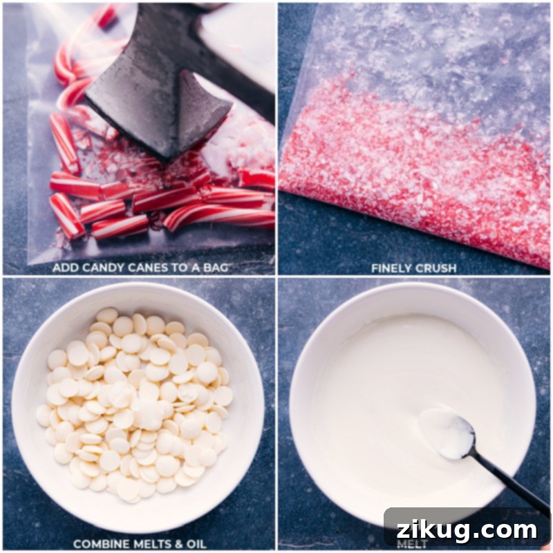 Peppermint Popcorn is a treat you won't want to skip this holiday season! Toss popcorn in white chocolate and crushed peppermint; then finish with a chocolate drizzle. This sweet snack mix is nothing short of addicting! Recipe via chelseasmessyapron #dessert #best #quick #easy #simple #christmas #snackmix #holiday #holidaytreats #chocolate #peppermint #popcorn Process shots showing candy canes being crushed and white chocolate being melted, essential steps for preparing Peppermint Popcorn.