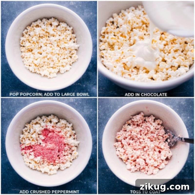 Toss popcorn in white chocolate and crushed peppermint; then finish with a chocolate drizzle. This sweet snack mix is nothing short of addicting! Recipe via chelseasmessyapron #dessert #best #quick #easy #simple #christmas #snackmix #holiday #holidaytreats #chocolate #peppermint #popcorn Process shots of Peppermint Popcorn, showing the white chocolate and crushed peppermint being expertly combined with the popcorn.