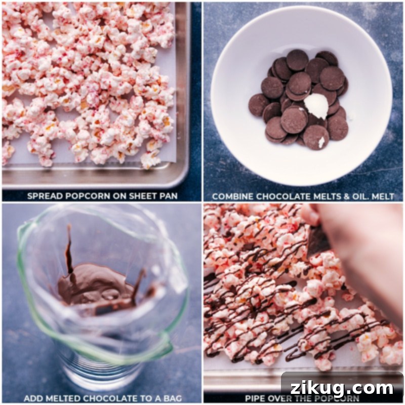 Peppermint Popcorn is a treat you won't want to skip this holiday season! Recipe via chelseasmessyapron #dessert #best #quick #easy #simple #christmas #snackmix #holiday #holidaytreats #chocolate #peppermint #popcorn Process shots showing the freshly coated popcorn being spread on a tray, followed by dark chocolate melting for the final drizzle.