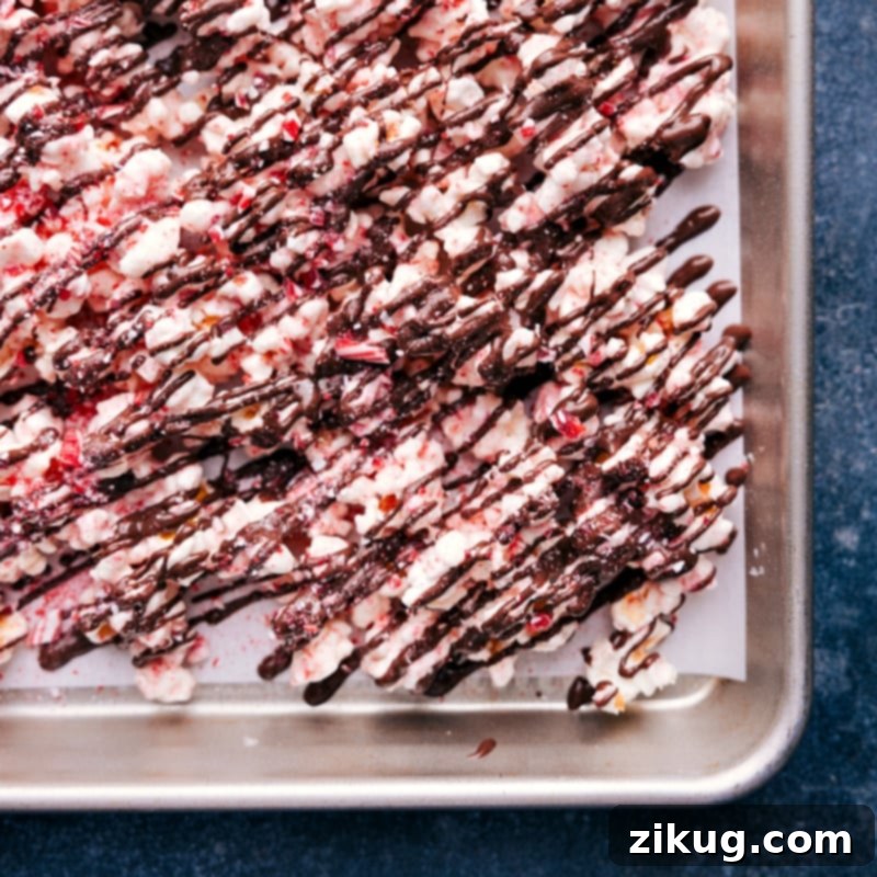 Peppermint Popcorn is a treat you won't want to skip this holiday season! Toss popcorn in white chocolate and crushed peppermint; then finish with a chocolate drizzle. Recipe via chelseasmessyapron #dessert #best #quick #easy #simple #christmas #snackmix #holiday #holidaytreats #chocolate #peppermint #popcorn Overhead image of the Peppermint Popcorn ready to be enjoyed, artfully arranged to highlight its textures and colors.