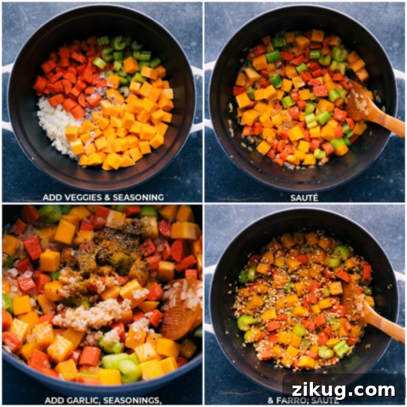 Close-up process shots showing various stages of Barley Soup preparation: fresh vegetables, aromatic seasonings, and pearled barley being gently sautéed in a large pot.