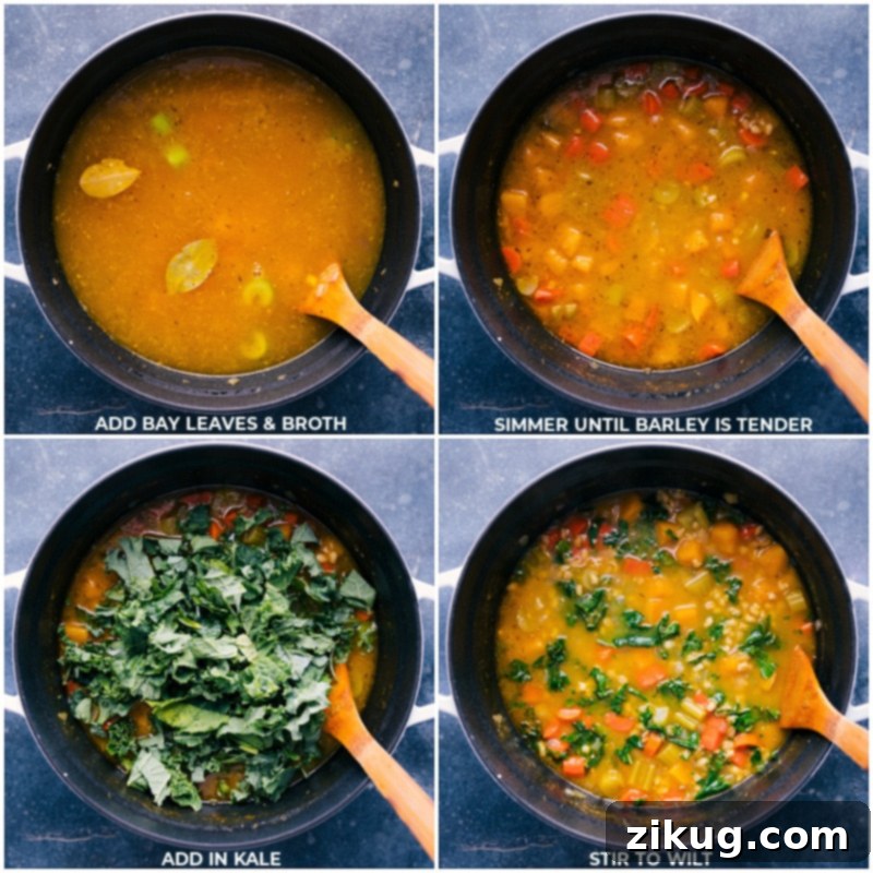 Process shots of Barley Soup: showing bay leaves, rich vegetable broth, and vibrant kale being added to the simmering pot, highlighting the layers of ingredients.