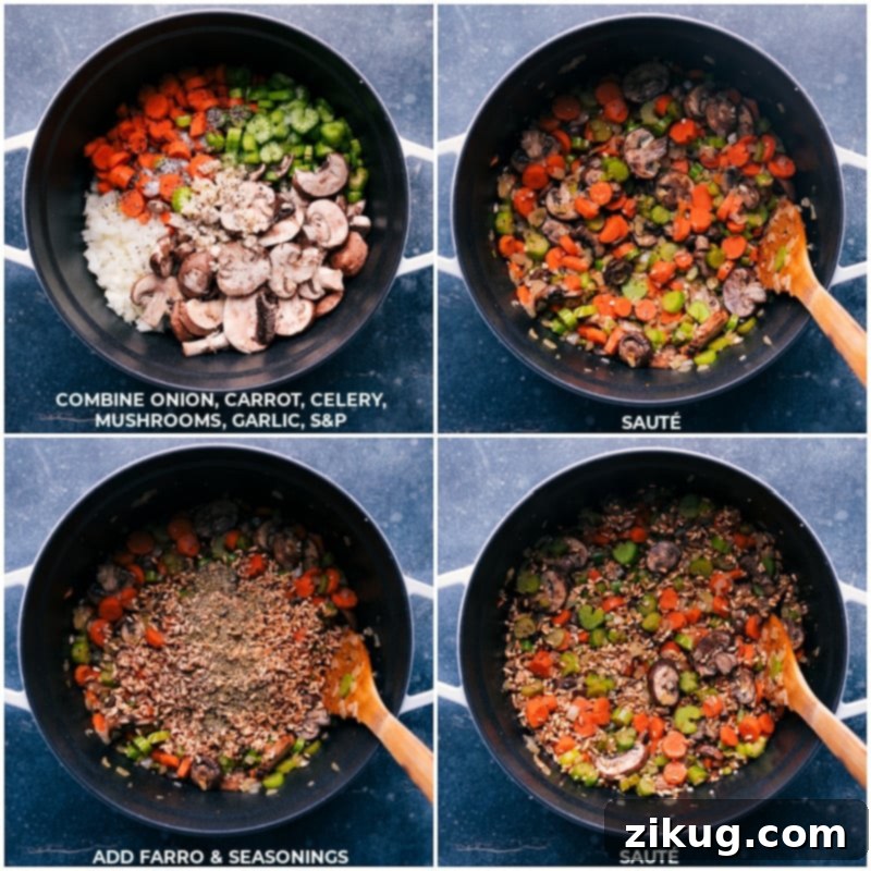Process shots showing vegetables, farro, and seasonings being added to a pot for creamy mushroom carrot soup.