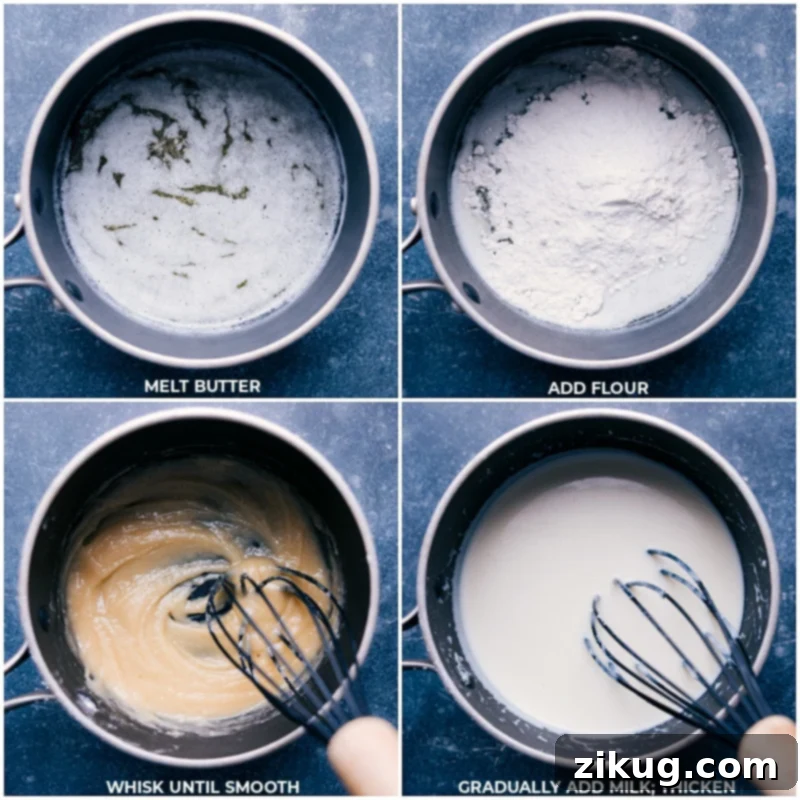 Process shots of Creamy Mushroom Carrot Farro Soup recipe, showing butter, flour, and milk being added to a pot to create a roux.