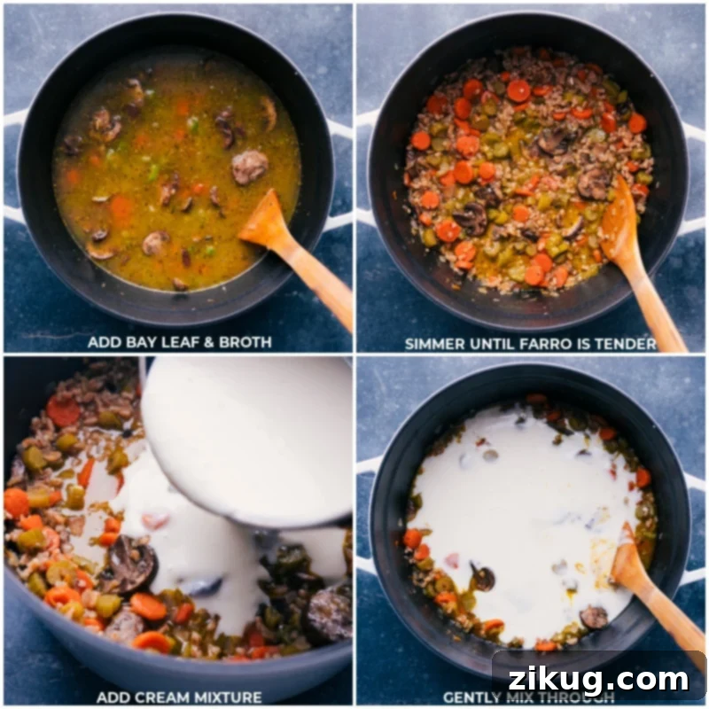 Process shots of Creamy Mushroom Carrot Farro Soup, showing bay leaf, broth, and cream being added to the soup.