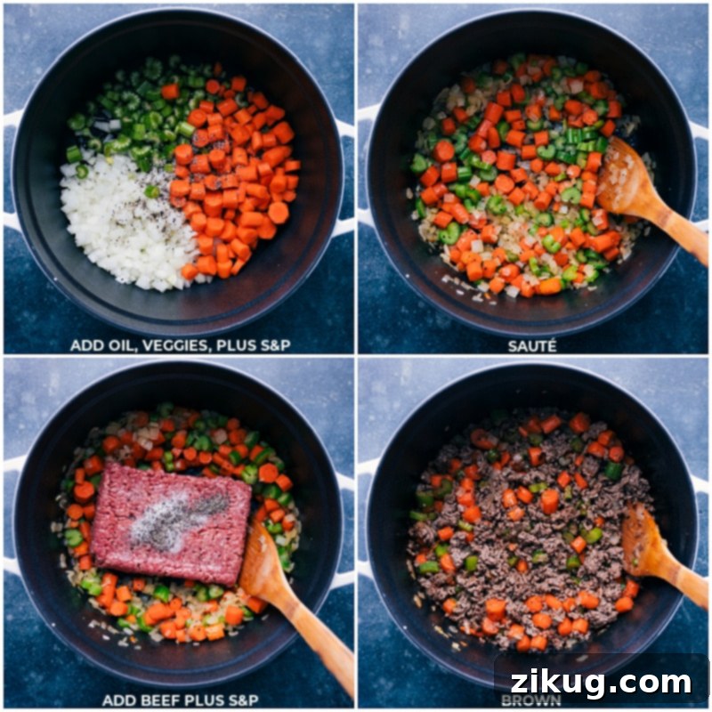 Process images showing diced onions, carrots, and celery being sautéed, followed by ground beef browning in a large pot, the foundational steps for a delicious Vegetable Beef Soup.