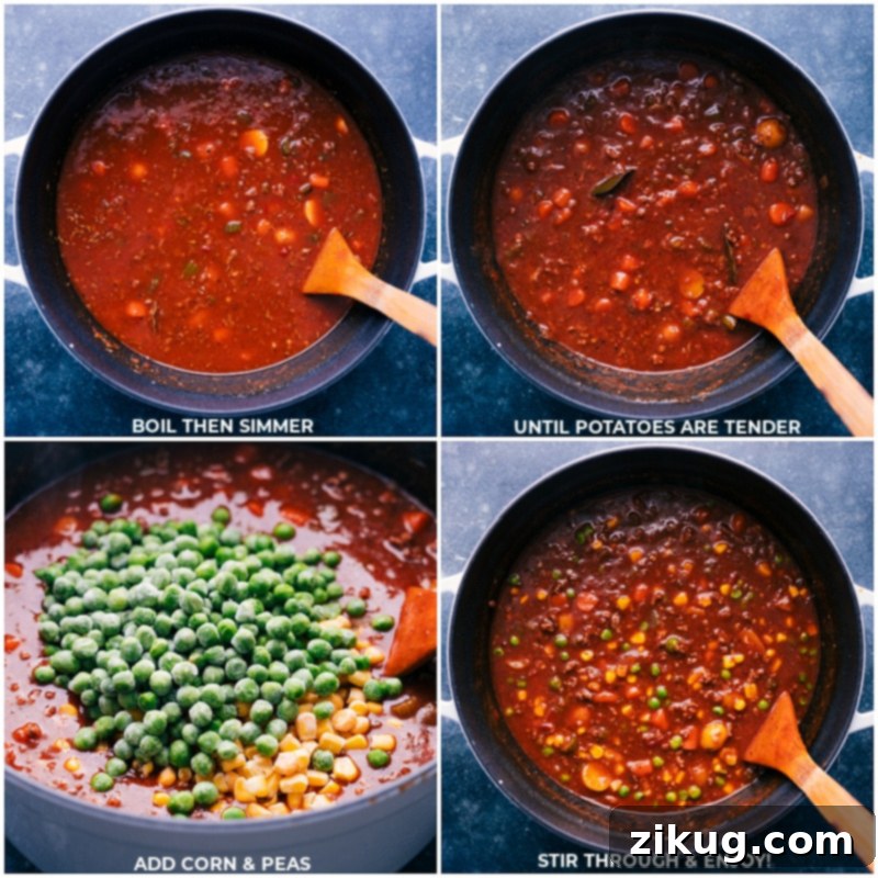 Close-up process shots showing Vegetable Beef Soup simmering on the stove, followed by frozen peas and corn being stirred in, highlighting the final steps of creating a vibrant and thick soup.