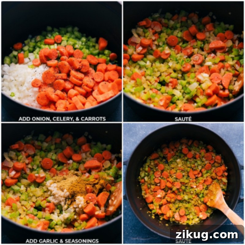 Curried Chicken and Rice Soup 4 Process shots showing onions, carrots, celery, and spices being sautéed in a pot, building a flavorful base for the soup.