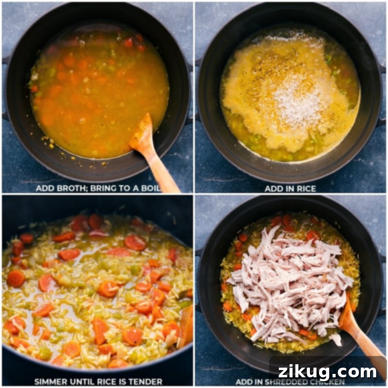 Curried Chicken and Rice Soup 5 Process shots of Chicken Curry Rice Soup with broth, rice, and chicken being added to a large pot