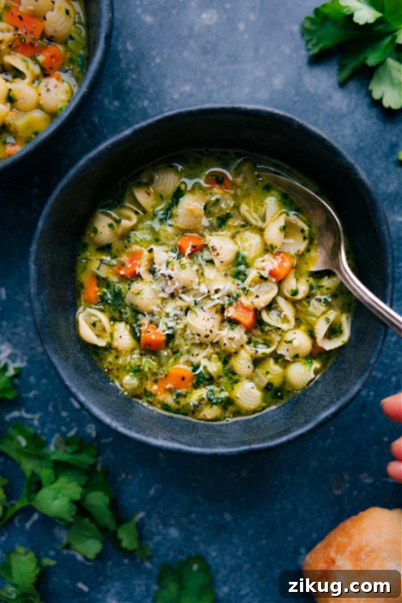 Signature Herb & Veggie Pasta Soup 2 Overhead image of a steaming bowl of Vegetable Pasta Soup, showcasing colorful vegetables and pasta