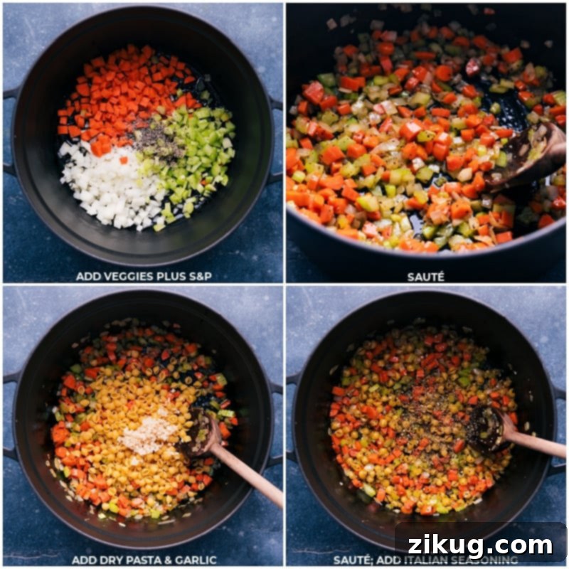 Signature Herb & Veggie Pasta Soup 4 Process shots showing various vegetables, pasta, garlic, and seasonings being sautéed in a pot
