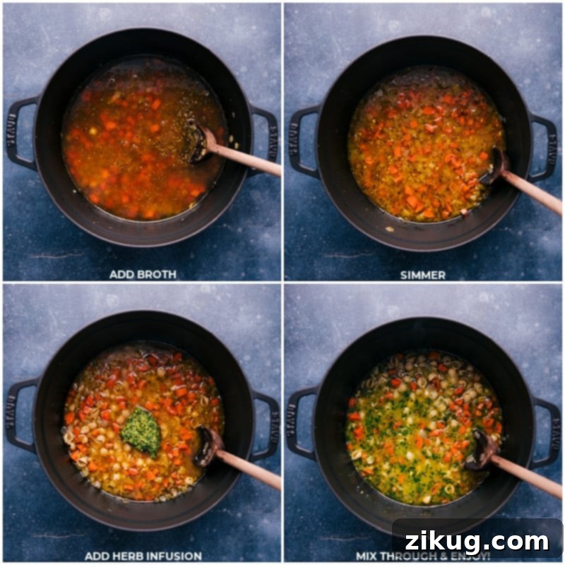 Signature Herb & Veggie Pasta Soup 6 Process shots showing the rich broth being added to the pot and the final herb infusion being stirred in