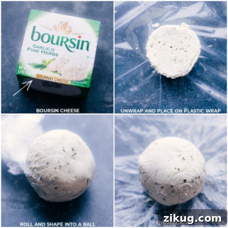 Close-up process shots showing Boursin cheese being rolled into a perfect ball shape, ready for coating.