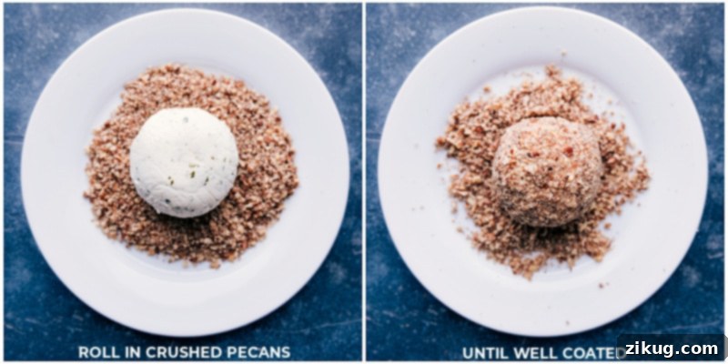 Process shots demonstrating how to coat the cheeseball in finely crushed pecans to create the 'fur' for the Rudolph design.