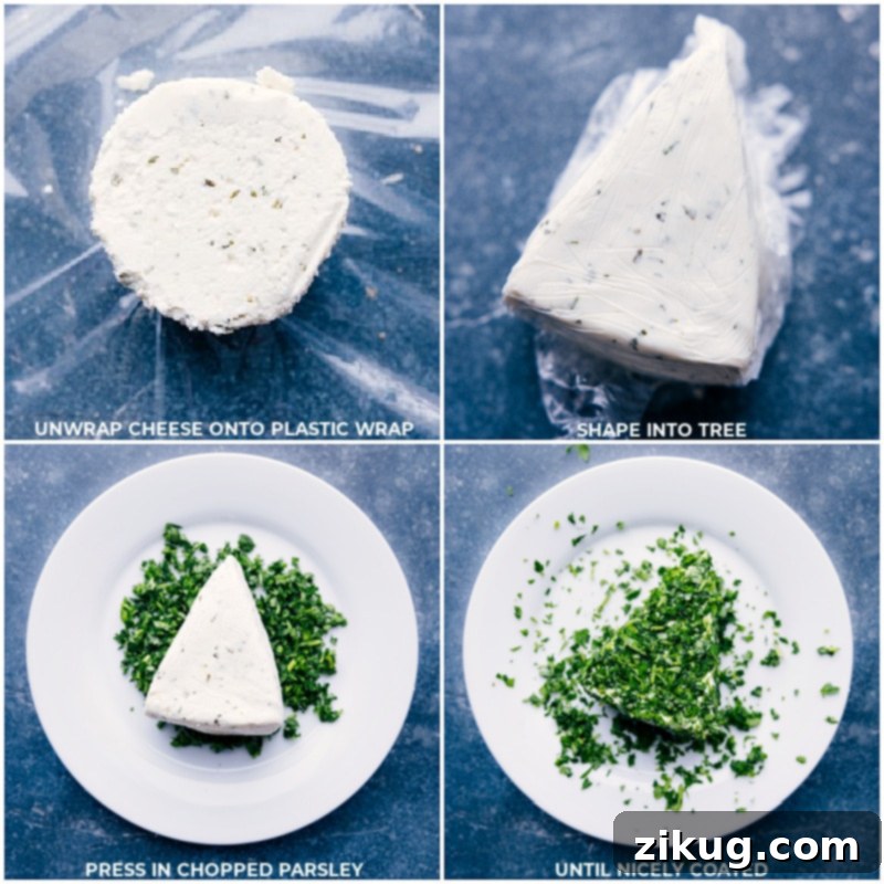 Process shots demonstrating the Boursin cheese being shaped into a Christmas tree cone and then rolled in fresh, chopped parsley.