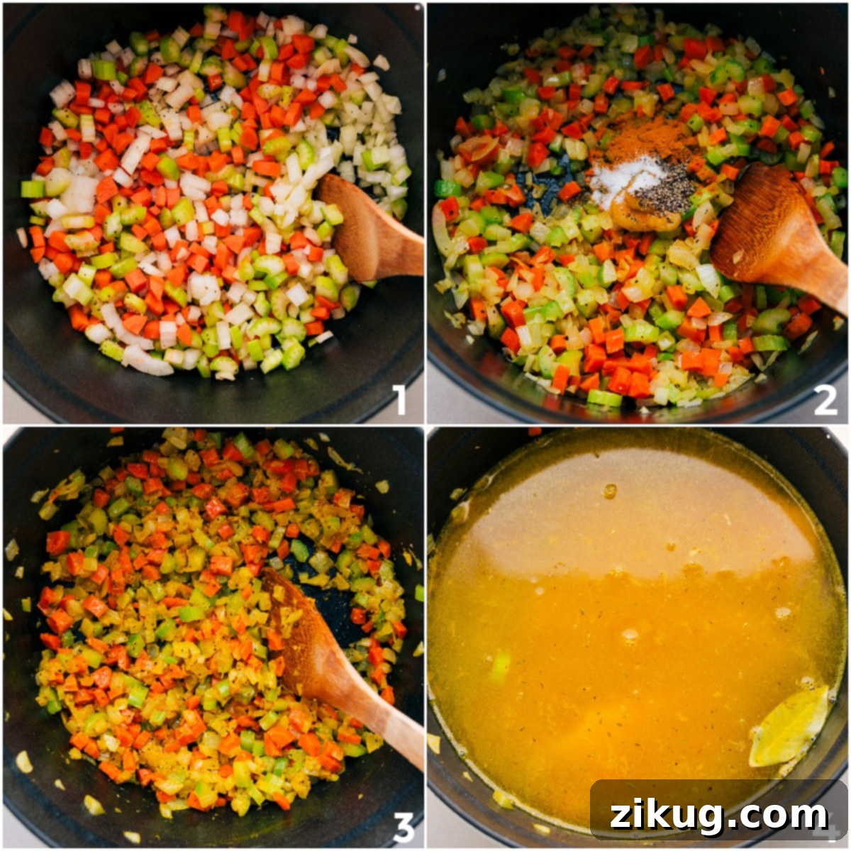 Step-by-step preparation for couscous soup: sautéing vegetables, adding seasonings, then combining with broth and bay leaves.