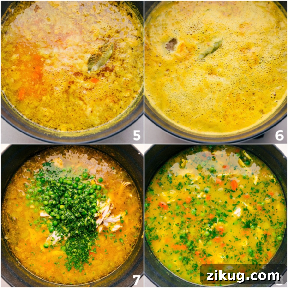 The couscous soup simmers gently in a large pot, with tender chicken, frozen peas, and fresh parsley stirred in for a vibrant finish.