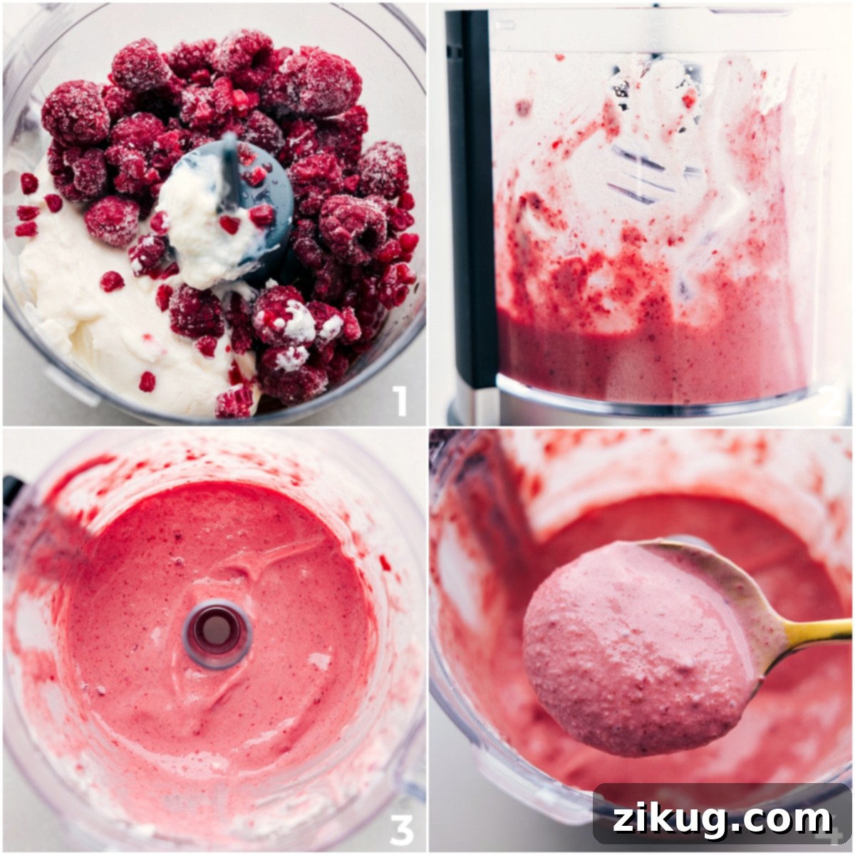 All the frozen yogurt ingredients added to a food processor and being pulsed together for blending into a smooth, creamy texture.