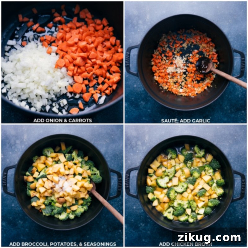 Process shots showing carrots, onions, garlic, and broccoli being cooked in a large pot.