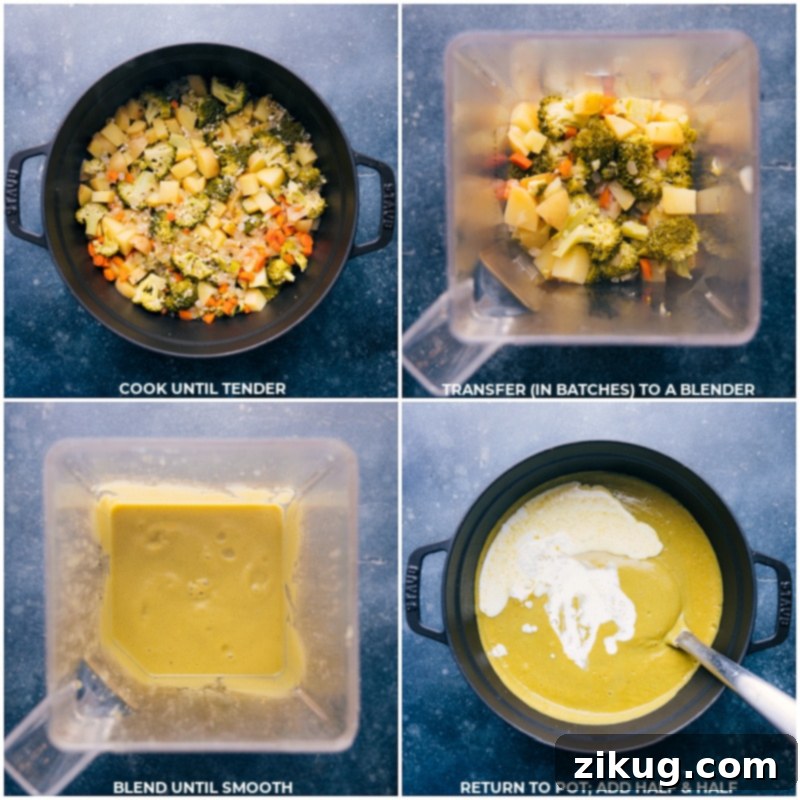 Process shots demonstrating vegetables cooked until tender, then being transferred into a blender for pureeing into a smooth soup.
