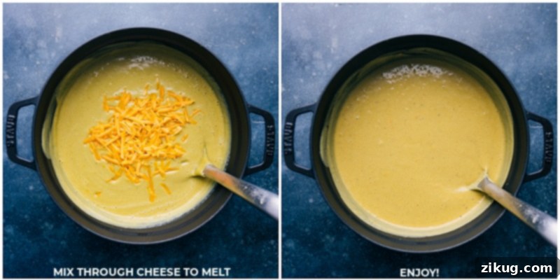 Process shots depicting freshly grated sharp Cheddar cheese being stirred into the hot, creamy broccoli soup until fully melted.