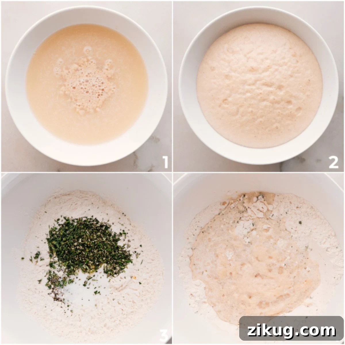 The yeast mixture rises as the dry ingredients combine with it to make this herb bread.